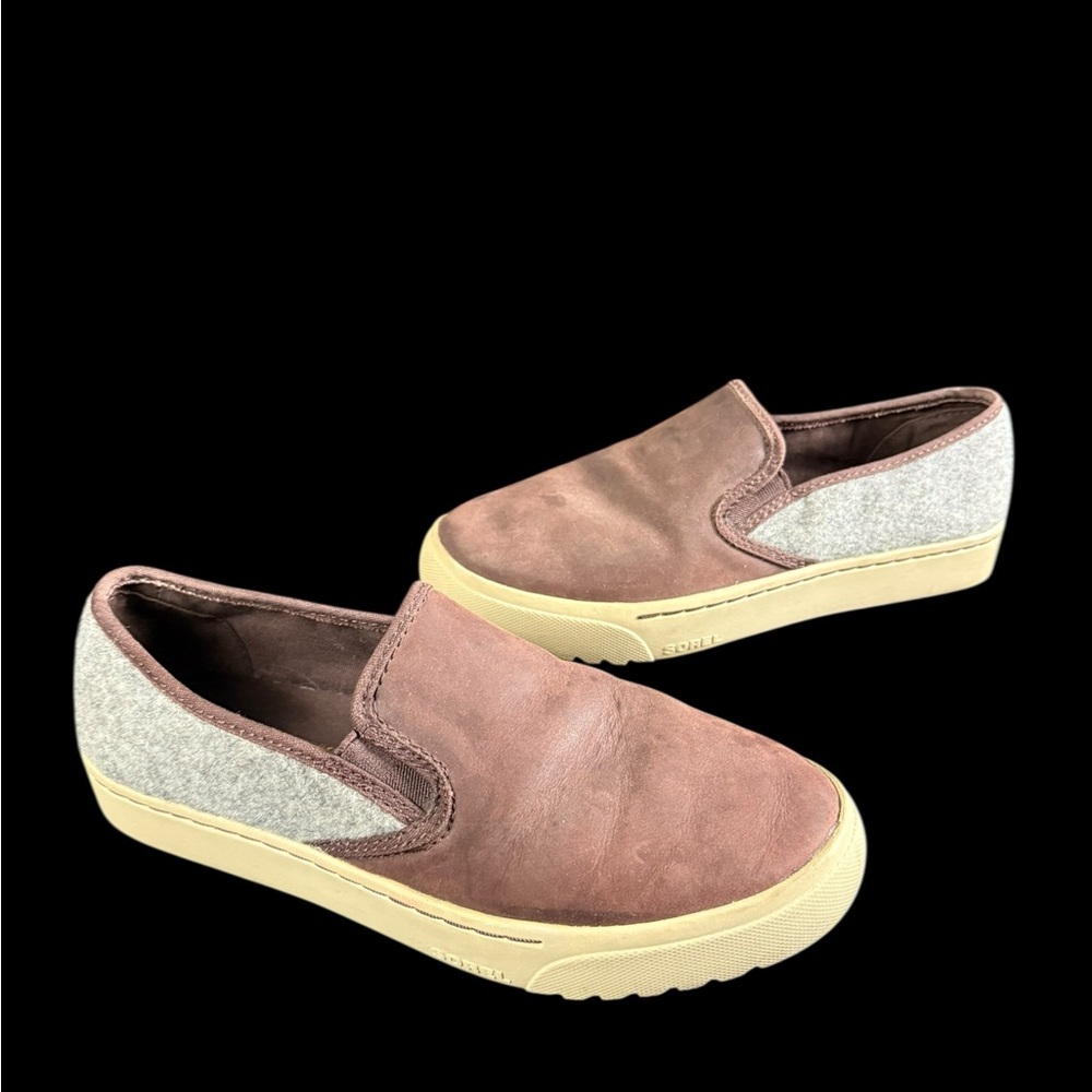 Sorel Campsneak Shoes Womens 7.5 Camel Suede Gray Wool Casual Slip On NL2978-908